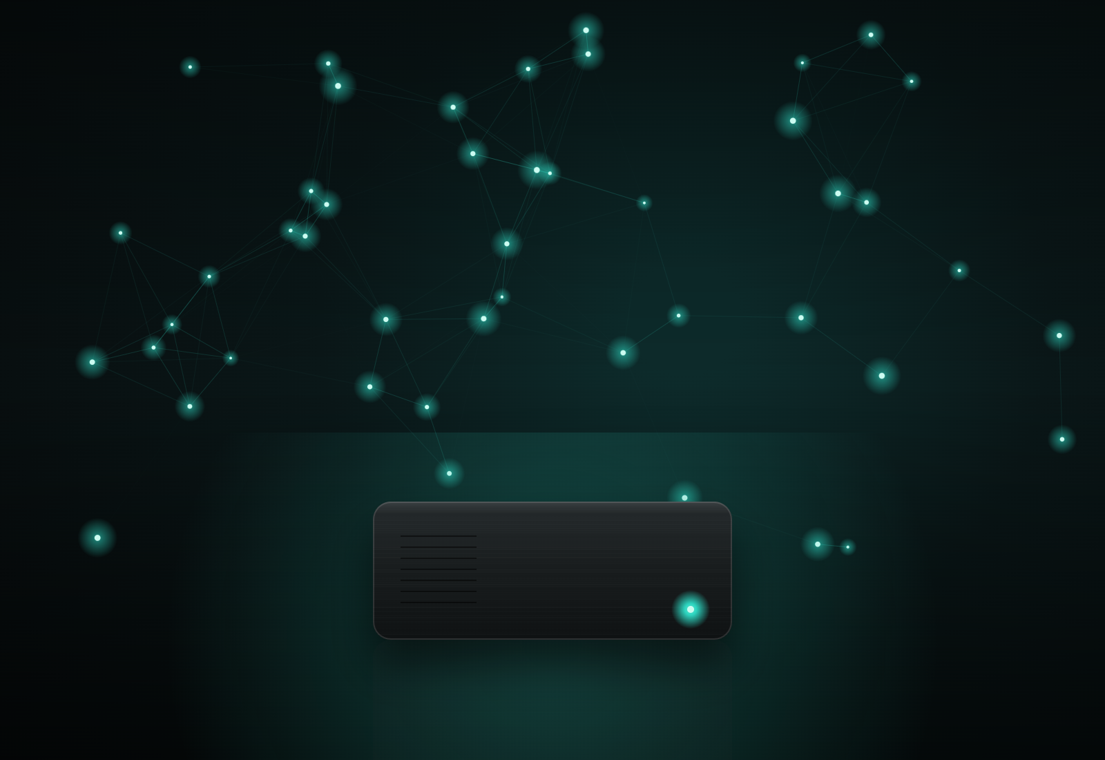 A compact black aluminum mini-PC media server on a desk, surrounded by an abstract network of connected peers — representing a self-hosted Stremio streaming server.